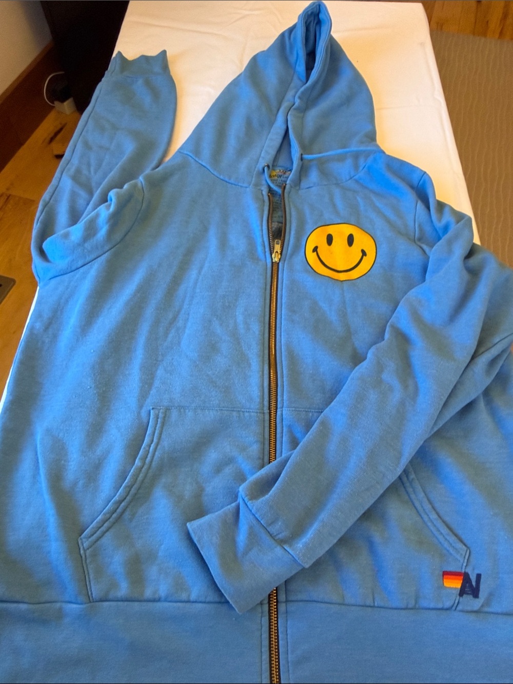 Aviator Nation Sky Blue Zip Hoodie with Yellow Smile Patch